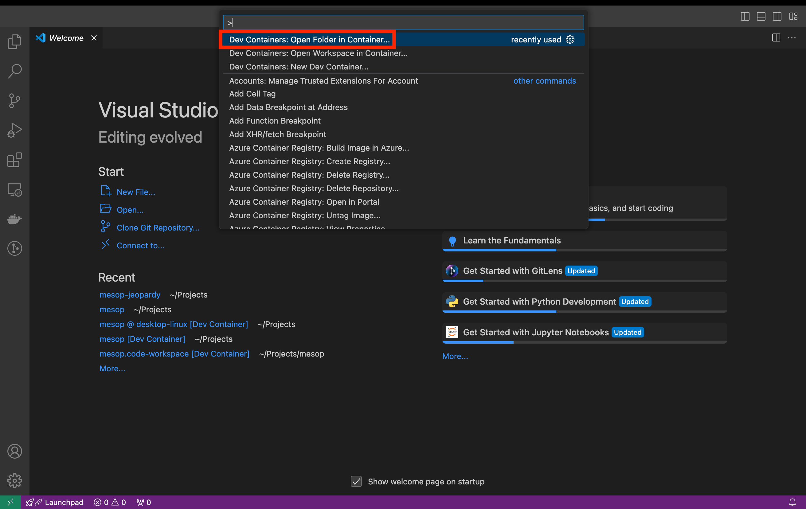 VS Code open folder in container